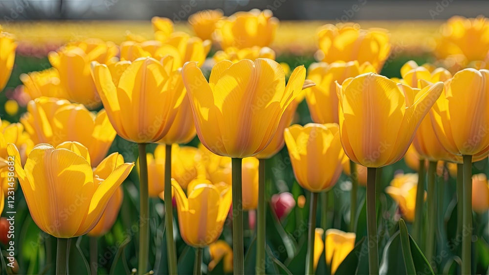 Vibrant yellow tulips in sharp focus against a soft green and blurred background with sunlight highlighting their petals in a garden setting Vibrant yellow tulips in sharp focus against a soft green and blurred background with sunlight highlighting their petals in a garden setting