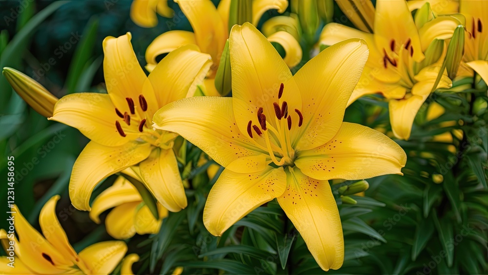 Vibrant yellow lilies with green foliage in a lush garden, showcasing detailed petals and contrasting red stamen against vivid yellow blooms. Vibrant yellow lilies with green foliage in a lush garden, showcasing detailed petals and contrasting red stamen against vivid yellow blooms.