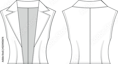 collared open fronted darted tailored sleeveless fit vest waistcoat jacket template technical drawing flat sketch cad mockup fashion woman design style model 
