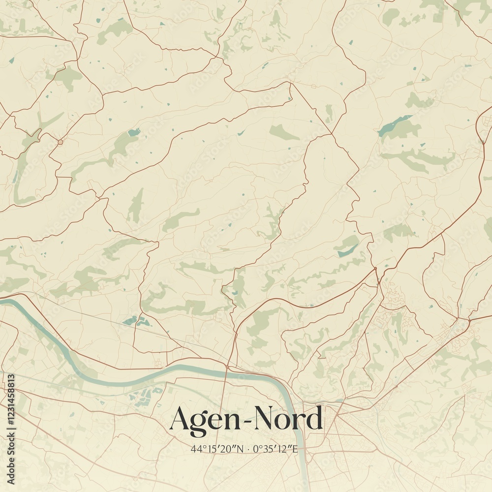Fototapeta premium Retro map of Agen-Nord, Nouvelle-Aquitaine, France. Vintage street map.