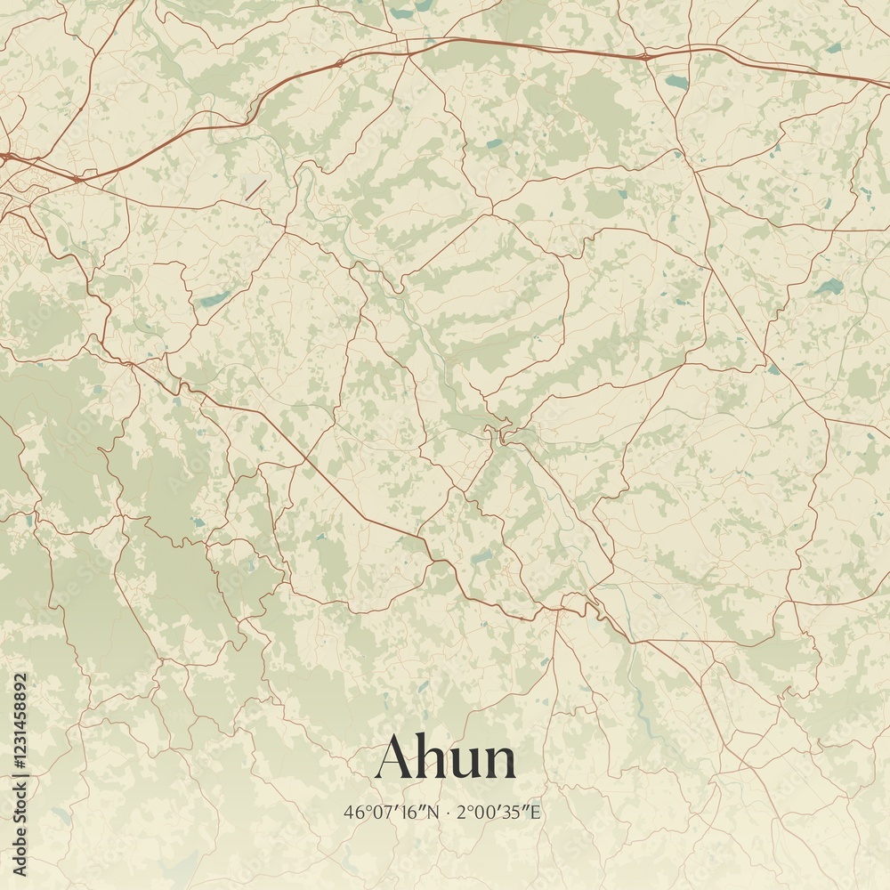 Fototapeta premium Retro map of Ahun, Nouvelle-Aquitaine, France. Vintage street map.