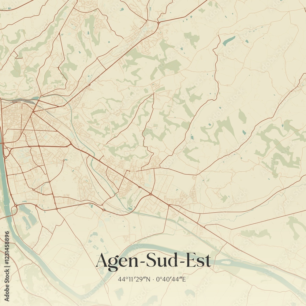 Fototapeta premium Retro map of Agen-Sud-Est, Nouvelle-Aquitaine, France. Vintage street map.
