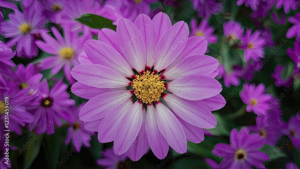 Obraz premium Close-up of a vibrant pink flower with yellow center surrounded by smaller purple blooms, set against a lush green background.
