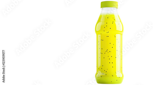 Bright yellow beverage with black specks in a clear bottle on a plain background