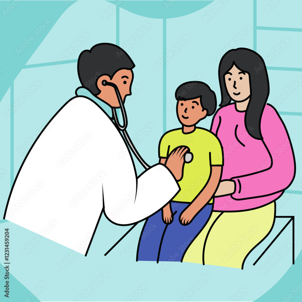 Obraz premium doctor do medical examination to little kid to check the illness. Kid accompanied by mother