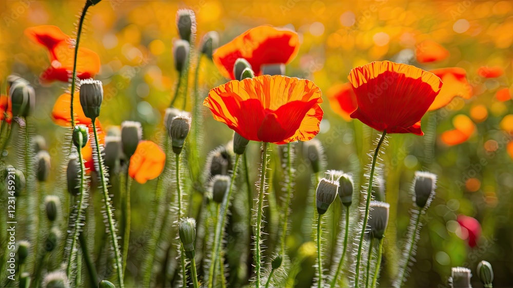 Fototapeta premium Vivid orange poppy flowers in a lush green field with budding stems under bright sunlight, creating a vibrant and lively floral scene