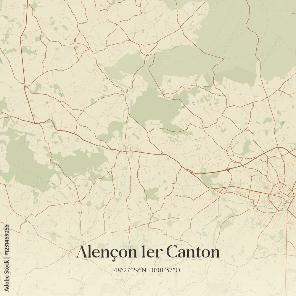 Fototapeta premium Retro map of Alen�on 1er Canton, Normandie, France. Vintage street map.