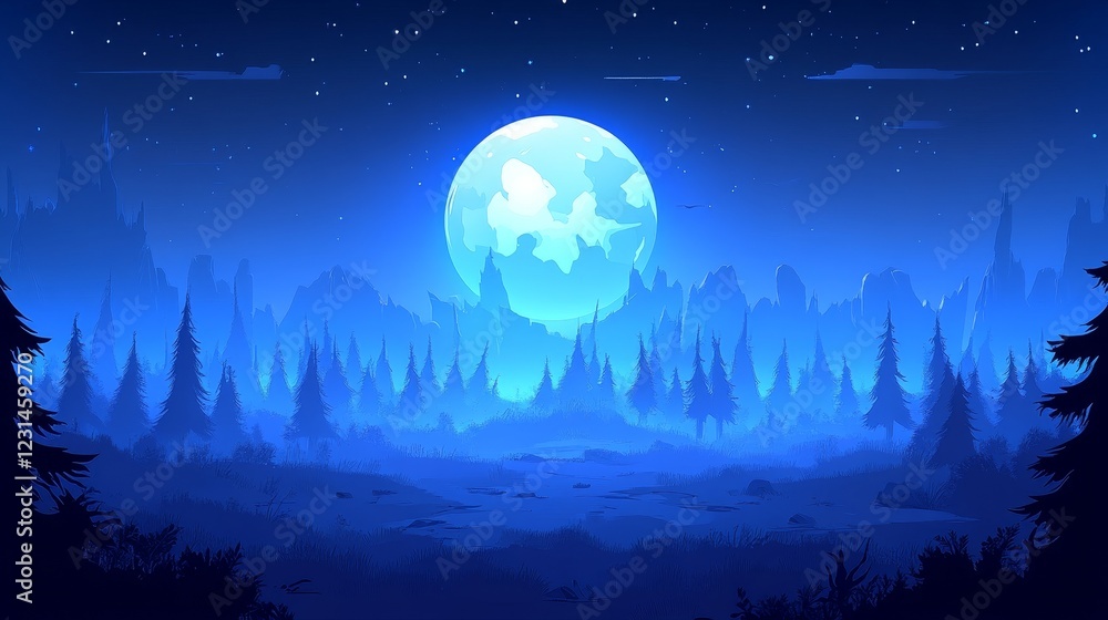 Naklejka premium Ethereal Blue Moonlit Forest, Silhouetted Trees and Misty Landscape