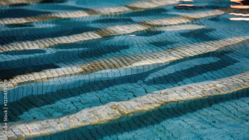 Obraz premium Textured reflections of gold patterns shimmering on a blue water surface in a pool with geometric tile layouts in horizontal alignment.