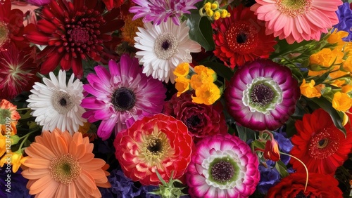 Colorful floral arrangement featuring vibrant pink, red, orange, and purple blooms with green foliage, arranged in a dense, eye-catching display.