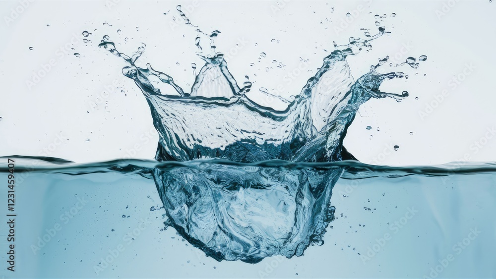 Dynamic water splash isolated against a light blue background showcasing vibrant clear water droplets creating a circular splash effect. Dynamic water splash isolated against a light blue background showcasing vibrant clear water droplets creating a circular splash effect.