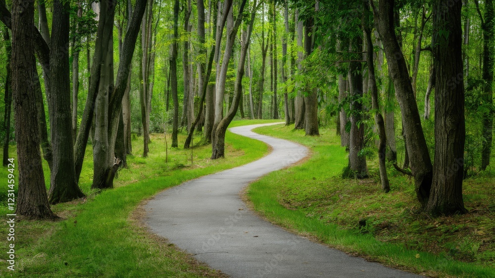 Obraz premium Winding pathway through lush green forest with tall trees on both sides and vibrant grass lining a smooth asphalt path in serene sunlight