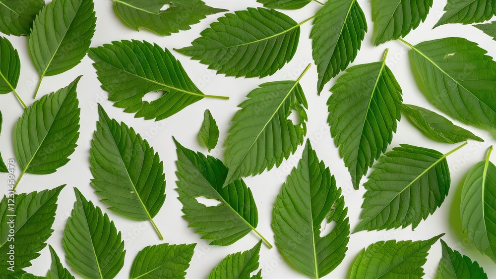Green leaves with holes caused by pest damage scattered on a white background showcasing various shades of green and leaf shapes in a flat layout Green leaves with holes caused by pest damage scattered on a white background showcasing various shades of green and leaf shapes in a flat layout