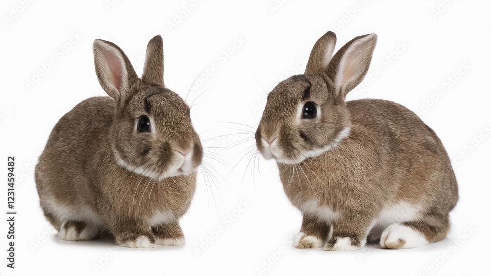 Obraz premium Two adorable brown bunnies sitting side by side on a pristine white background, showcasing their soft fur and playful expressions.