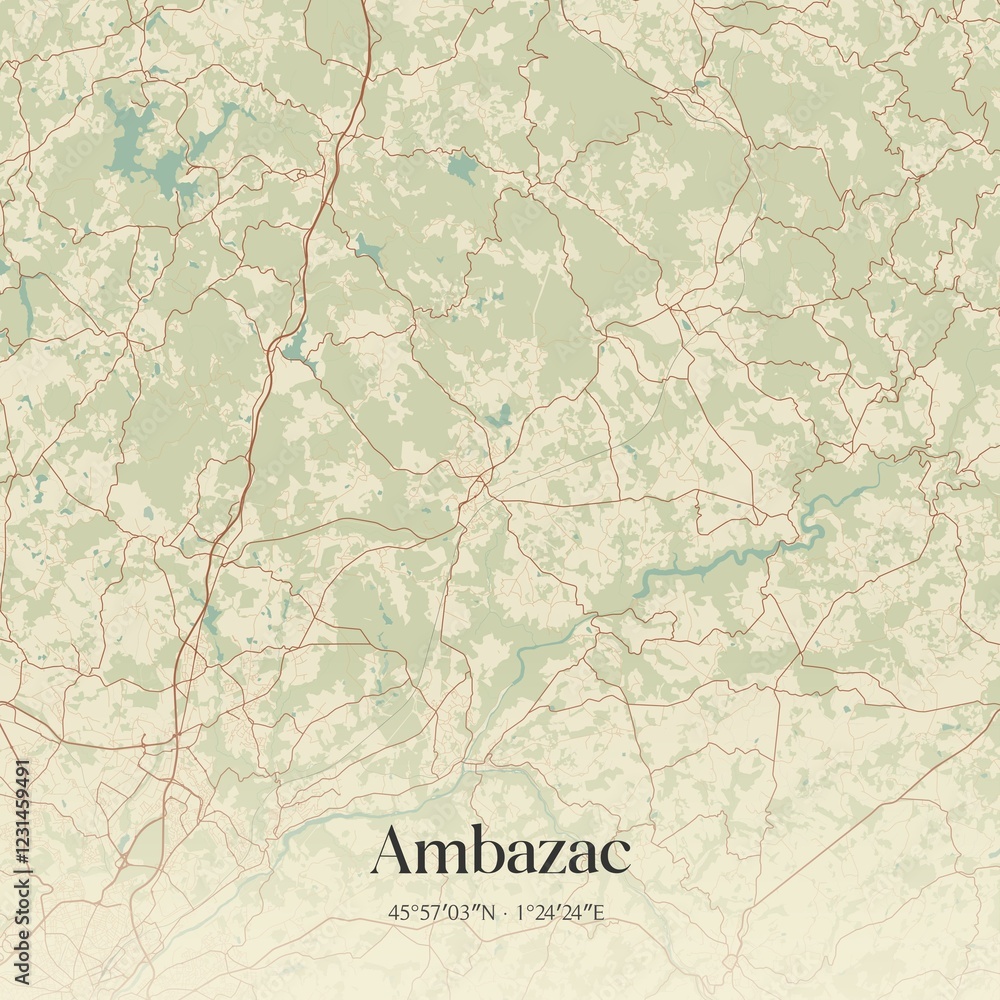 Fototapeta premium Retro map of Ambazac, Nouvelle-Aquitaine, France. Vintage street map.