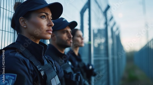 Multicultural security team led by a determined officer, checking perimeter fences at a restricted facility.