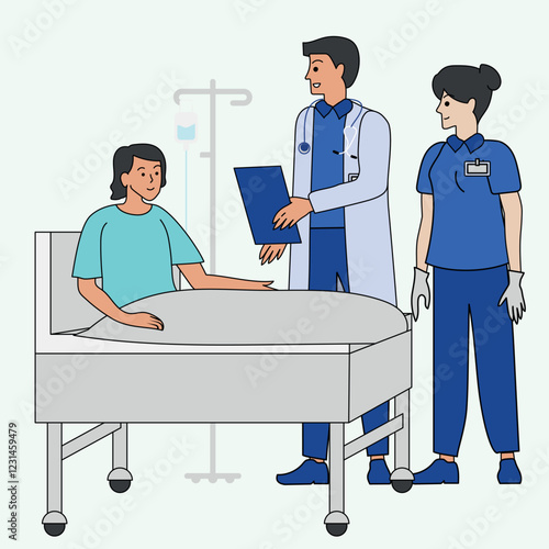 Doctors checking patient health condition. Nurse visit to ward of patient man lying in a medical bed. Vector illustration in a flat style