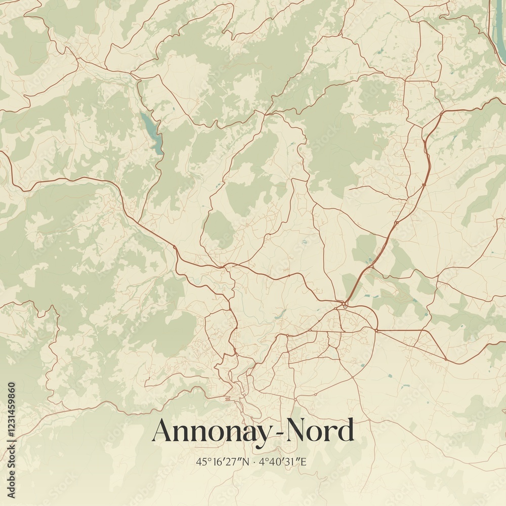 Fototapeta premium Retro map of Annonay-Nord, Auvergne-Rh�ne-Alpes, France. Vintage street map.