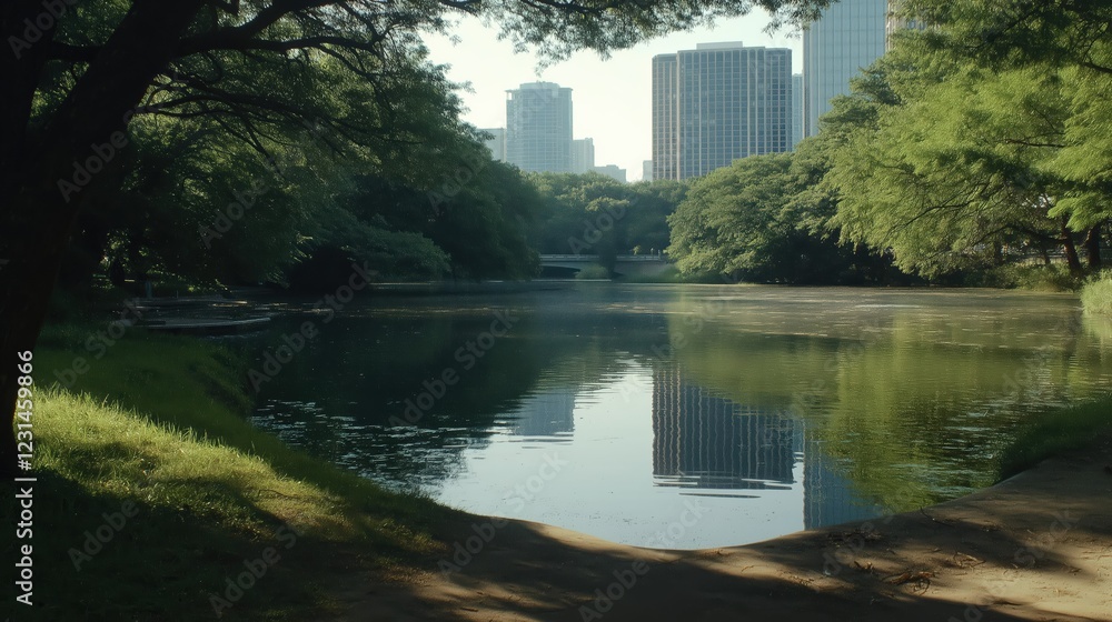 Fototapeta premium Tranquil Urban Pond Reflection A Serene City Park Scene