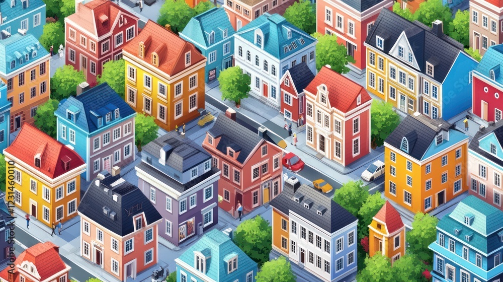 Colorful city isometric aerial view, street traffic, green trees, urban planning illustration Colorful city isometric aerial view, street traffic, green trees, urban planning illustration