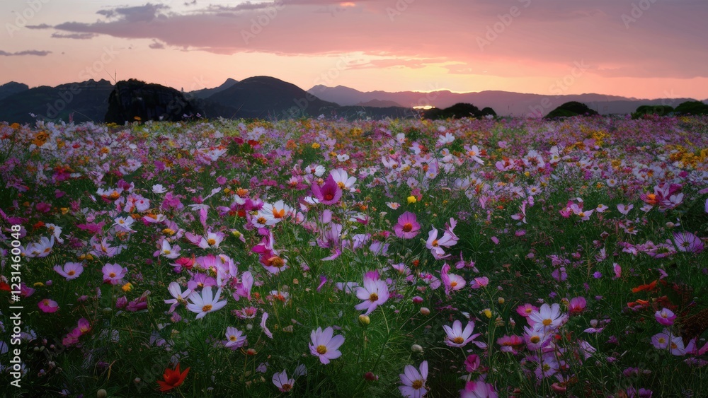 Vibrant cosmos flower field at sunset with pink and purple blooms scattered across lush green grass against a backdrop of distant mountains. Vibrant cosmos flower field at sunset with pink and purple blooms scattered across lush green grass against a backdrop of distant mountains.