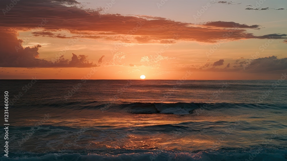 Obraz premium Vibrant golden sunset reflecting on calm ocean waves with soft clouds in pink and orange hues, sun positioned at horizon creating serene ambiance.