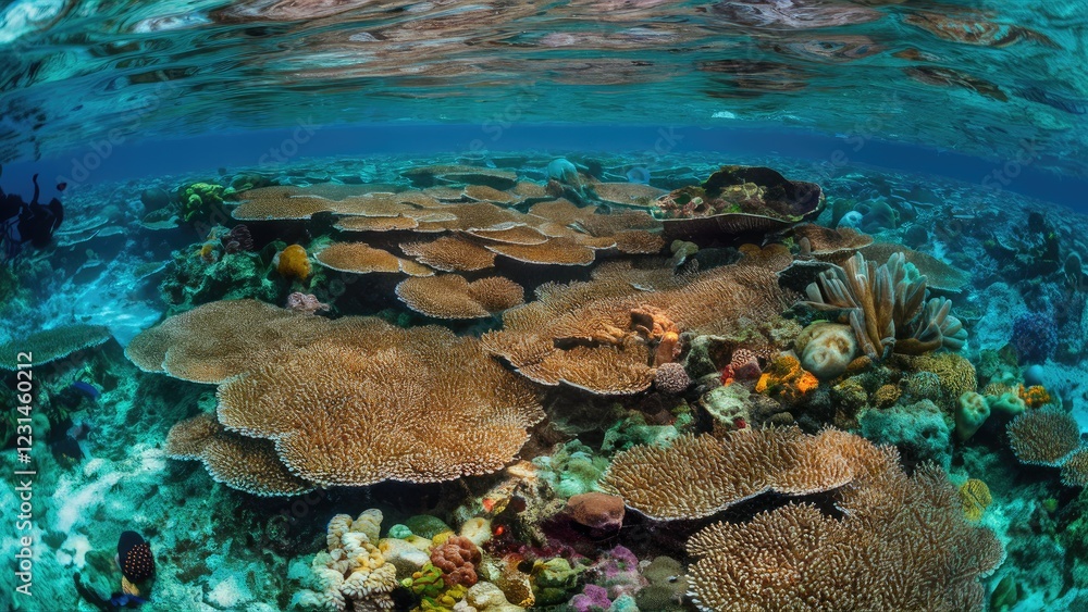 Vibrant underwater coral reef landscape with large coral formations in shades of brown and colorful marine life beneath clear blue water surface. Vibrant underwater coral reef landscape with large coral formations in shades of brown and colorful marine life beneath clear blue water surface.