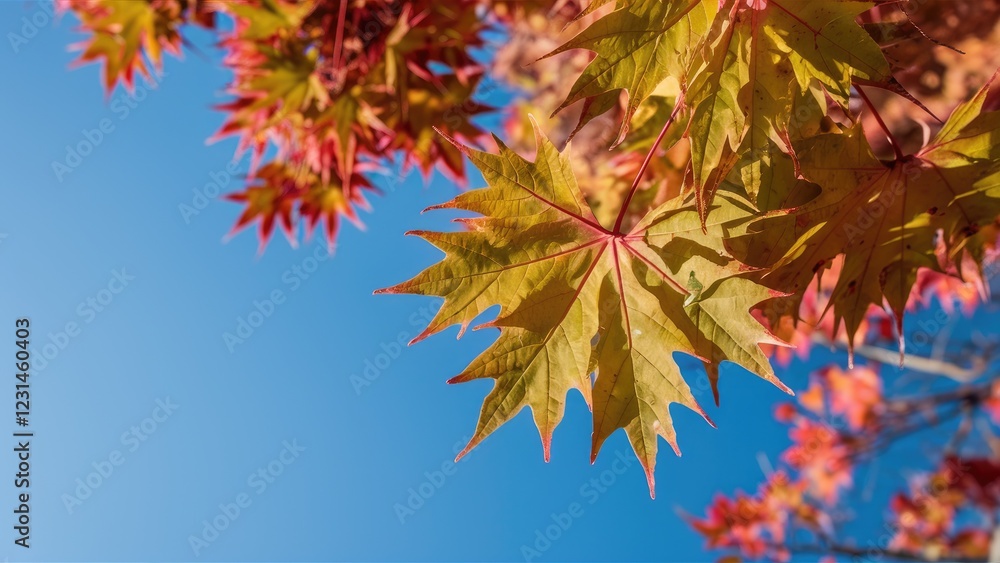 Vibrant orange and yellow autumn maple leaves positioned top left against a clear blue sky creating a beautiful seasonal contrast.