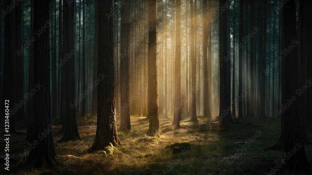 Obraz premium Sunlight streaming through dense pine trees in a misty forest, illuminating golden grass patches and creating a serene, tranquil atmosphere.