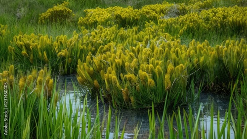 Vibrant Cyperus difformis plant clusters in lush green wetland, featuring bright yellow flower heads and rich foliage reflecting in water surface. photo