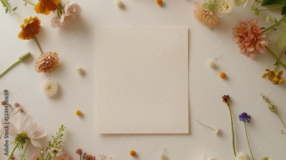 Flat Lay Scene Featuring Fresh Flowers Surrounding a Blank Square Paper for Creative Design, Invitations, or Card Making Projects in Natural Light