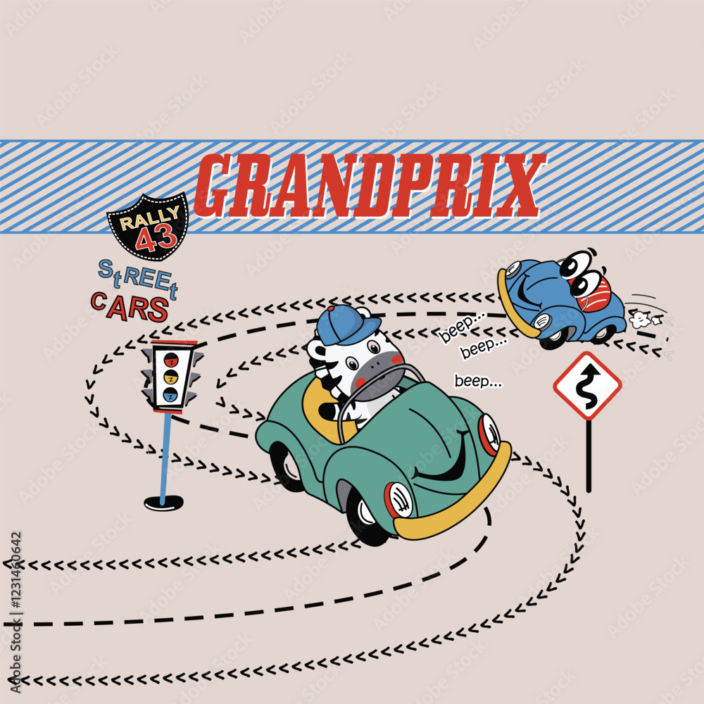 Fototapeta premium Cute animal vector illustration racing at high speed in a thrilling car race, fast and dynamic 