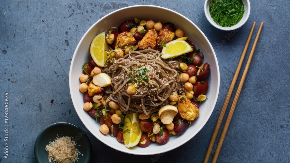 Fototapeta premium Nutritious vegan soba noodle dish featuring chickpeas, peanuts, hazelnuts, and lime, served in a white bowl on a blue background with chopsticks.