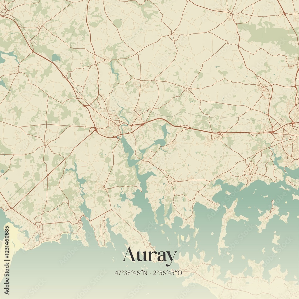 Retro map of Auray, Bretagne, France. Vintage street map.