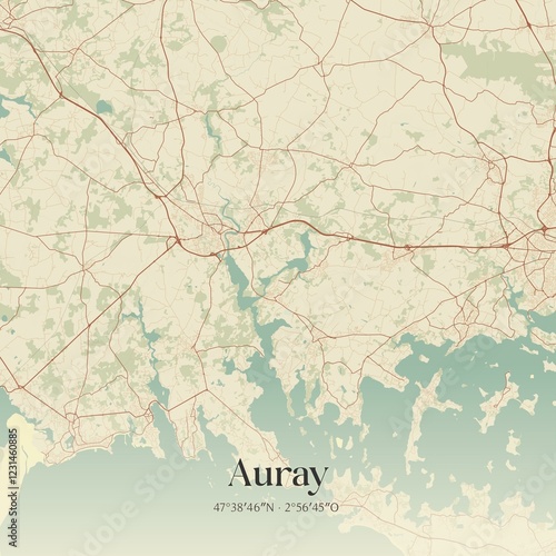 Obraz na płótnie Retro map of Auray, Bretagne, France. Vintage street map. w salonie