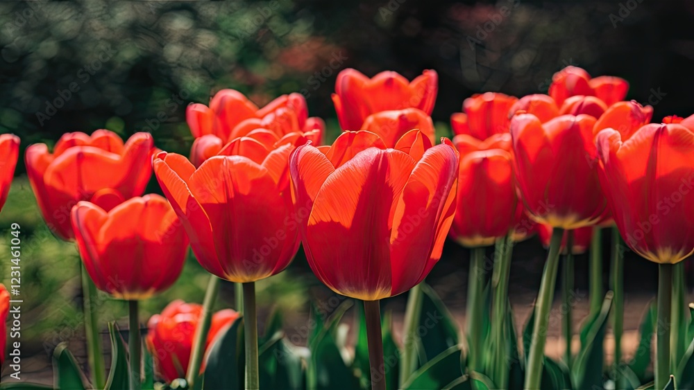 Obraz premium Vivid red tulips in full bloom with lush green leaves positioned in the foreground against a blurred natural background of soft colors