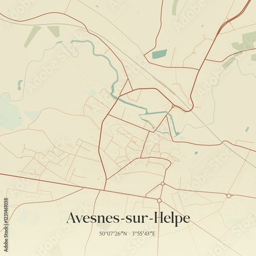 Retro map of Avesnes-sur-Helpe, Hauts-de-France, France. Vintage street map.