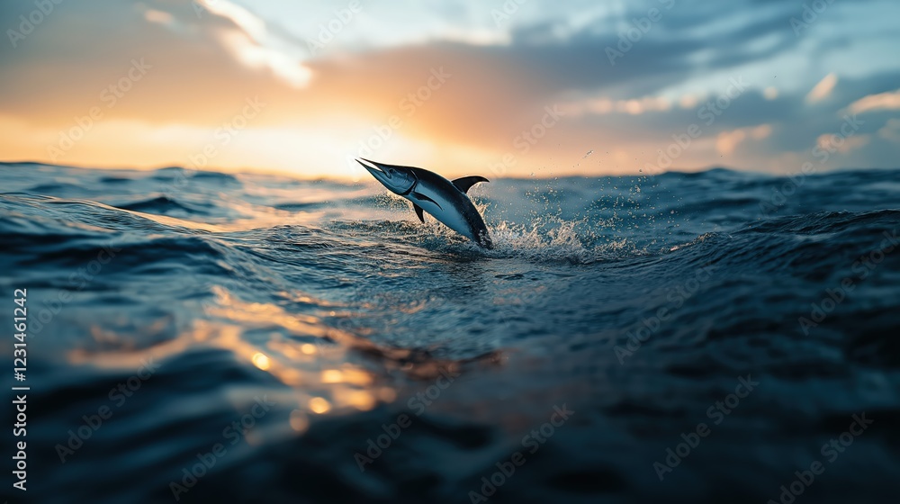 Naklejka premium Dolphin Leaping at Sunset Ocean Wildlife Scene