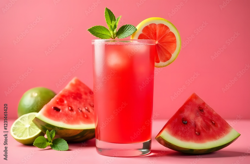 Ice cold homemade lemonade or cocktail with mint, watermelon and fruits on a sunny table, refreshing summer drink recipe, detox diet and weight loss concept, menu for restaurant, selective focus. Ice cold homemade lemonade or cocktail with mint, watermelon and fruits on a sunny table, refreshing summer drink recipe, detox diet and weight loss concept, menu for restaurant, selective focus.