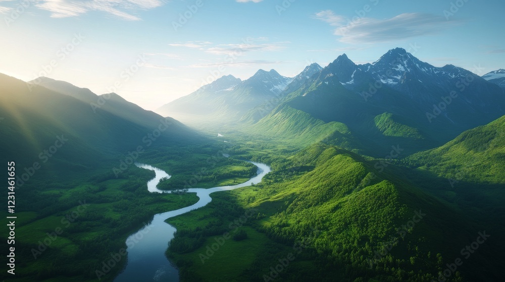 Obraz premium Majestic mountain river valley sunrise aerial view, lush green landscape, peaceful nature scene, perfect for travel or environmental brochures