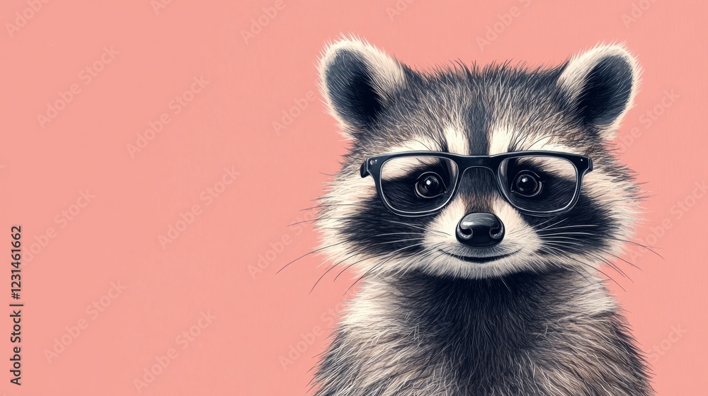 Obraz premium A stylish cartoon raccoon with glasses, sitting against a solid color background, leaving room for text
