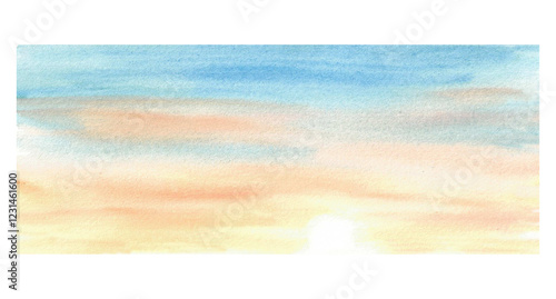 Sunset or sunrise sky watercolor background. Hand drawn realistic colorful yellow, orange, purple sky with clouds. Clipart for design of card, poster, banner. Isolated from background illustration