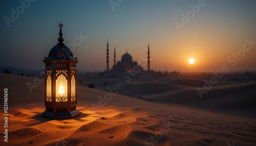 Illuminated Lantern in the Desert at Sunset, Near a Mosque