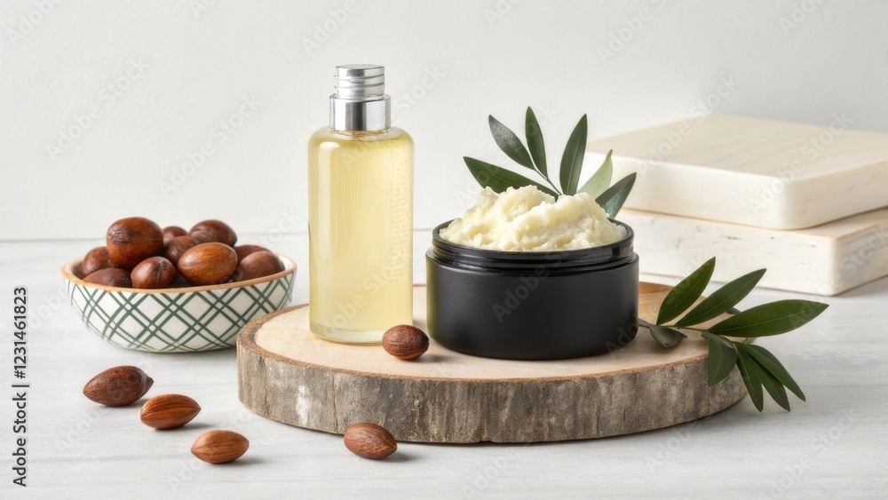 A serene display of natural skincare products, including a creamy butter, oil, and shea nuts, set on a wooden surface with green leaves for a fresh touch. A serene display of natural skincare products, including a creamy butter, oil, and shea nuts, set on a wooden surface with green leaves for a fresh touch.