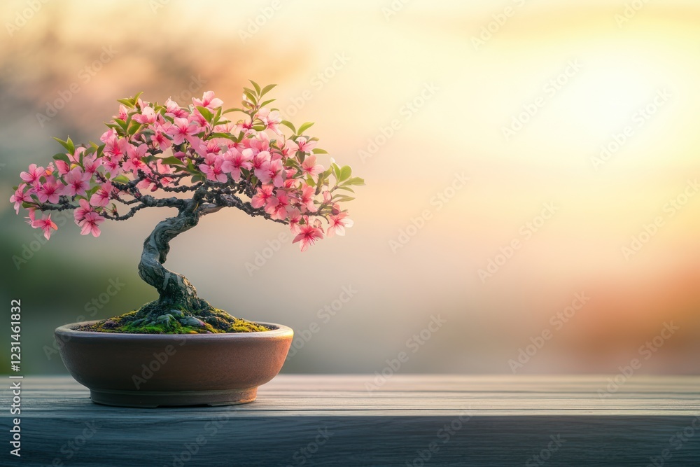 Pink bonsai tree sunset garden serenity peace Pink bonsai tree sunset garden serenity peace