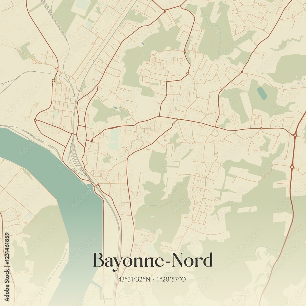 Obraz premium Retro map of Bayonne-Nord, Nouvelle-Aquitaine, France. Vintage street map.