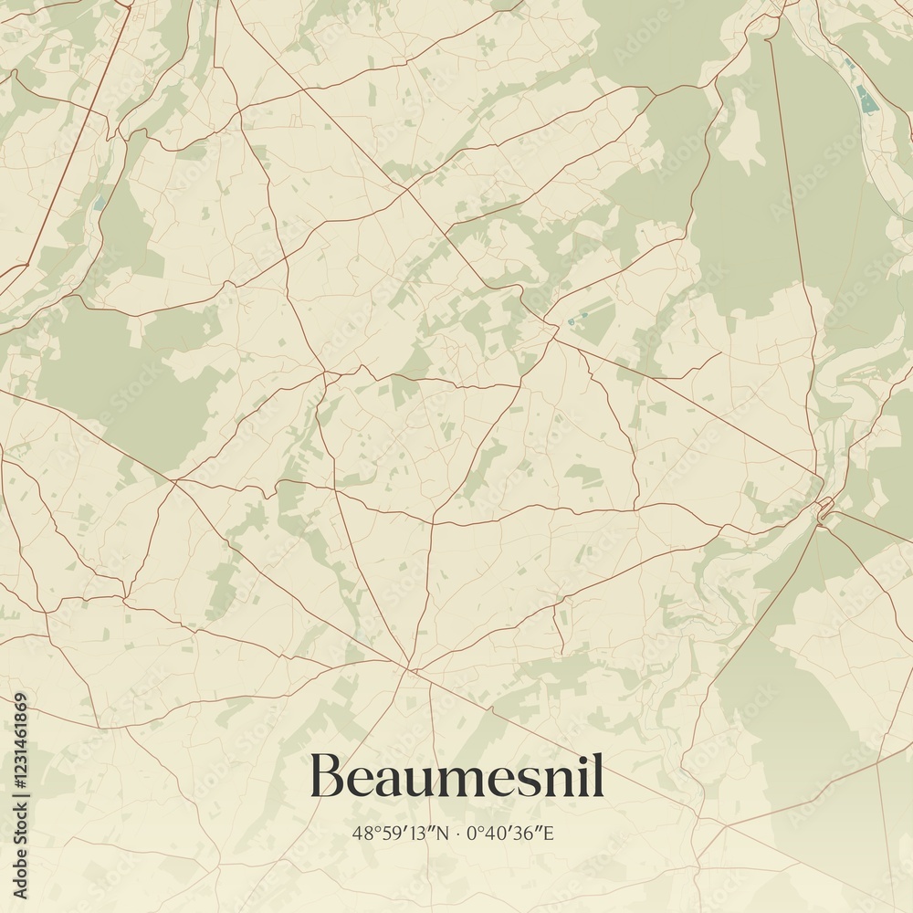 Fototapeta premium Retro map of Beaumesnil, Normandie, France. Vintage street map.