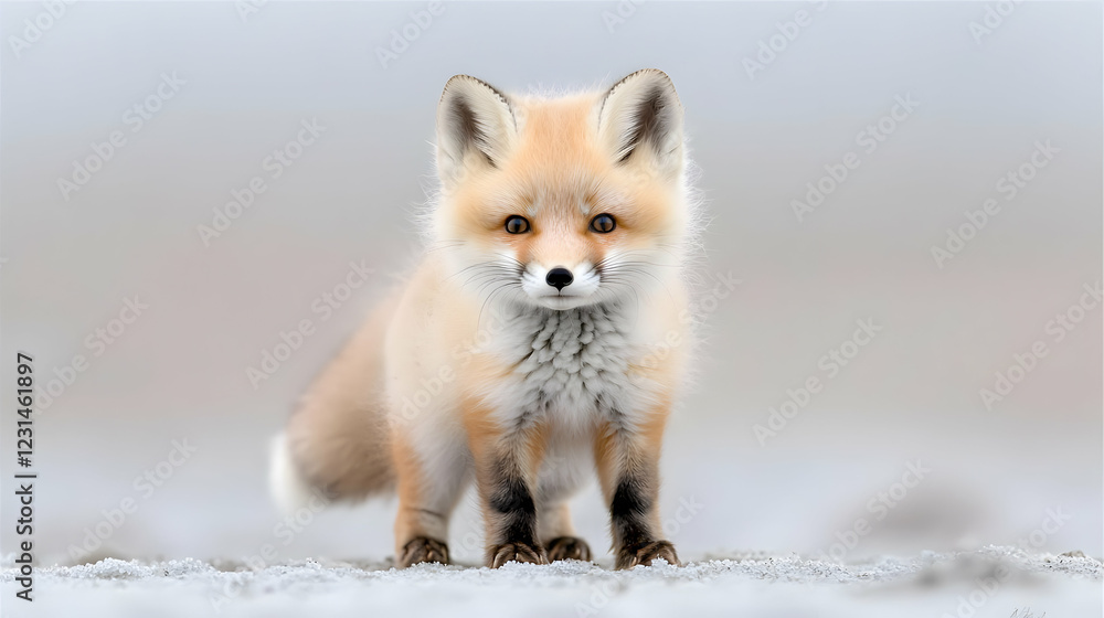 Obraz premium Cute red fox kit standing, winter field background, wildlife photography, nature card