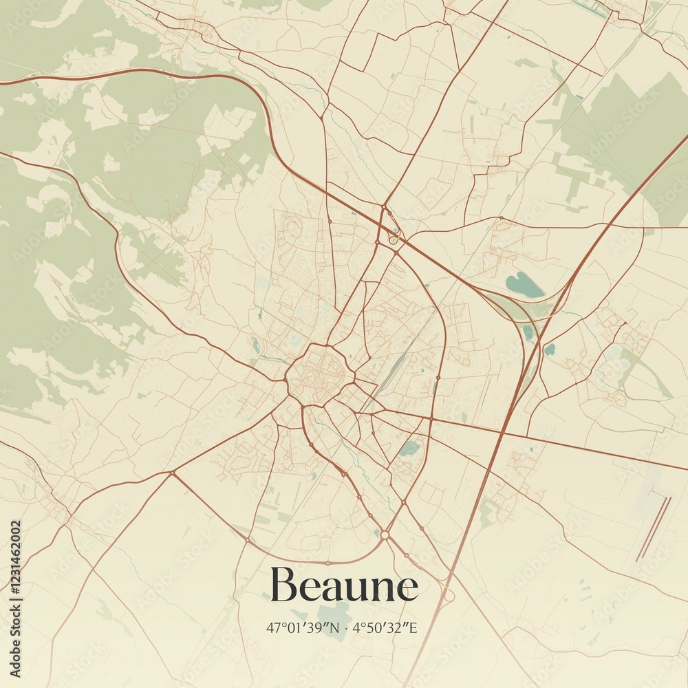 Retro map of Beaune, Bourgogne-Franche-Comt�, France. Vintage street map.