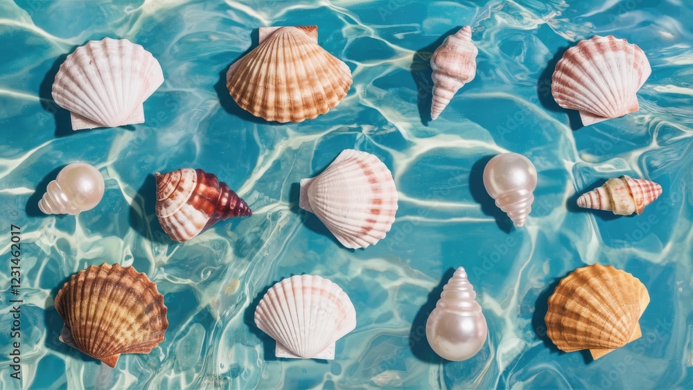 Seashells and pearls scattered on a vibrant blue ocean surface with gentle ripples reflecting sunlight creating a serene aquatic scene Seashells and pearls scattered on a vibrant blue ocean surface with gentle ripples reflecting sunlight creating a serene aquatic scene